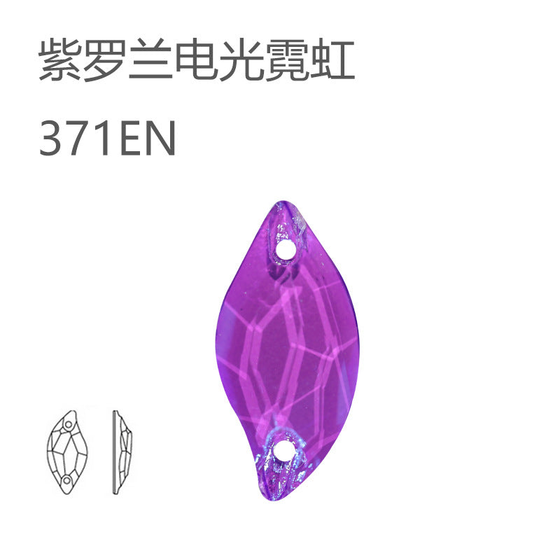 Cross-border hot-selling, double-hole leaf willow leaf flat buckle imitation Austrian flat bottom hand-sewn drill electric light neon crystal clothing accessories