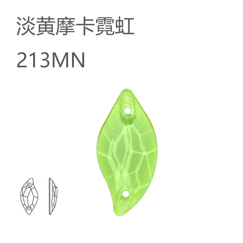 Cross-border hot-selling, double-hole leaf willow leaf flat buckle imitation Austrian flat bottom hand-sewn drill electric light neon crystal clothing accessories