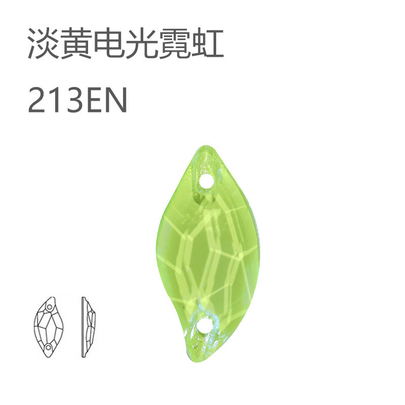 Cross-border hot-selling, double-hole leaf willow leaf flat buckle imitation Austrian flat bottom hand-sewn drill electric light neon crystal clothing accessories