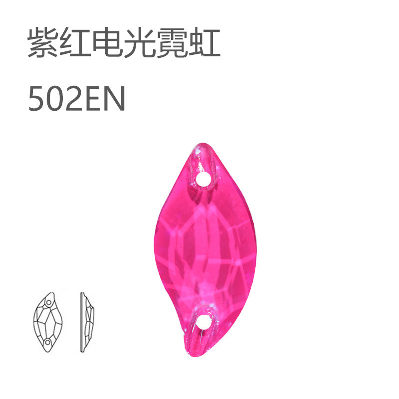 Cross-border hot-selling, double-hole leaf willow leaf flat buckle imitation Austrian flat bottom hand-sewn drill electric light neon crystal clothing accessories