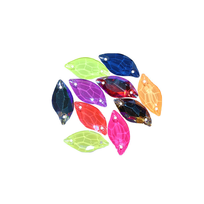 Cross-border hot-selling, double-hole leaf willow leaf flat buckle imitation Austrian flat bottom hand-sewn drill electric light neon crystal clothing accessories