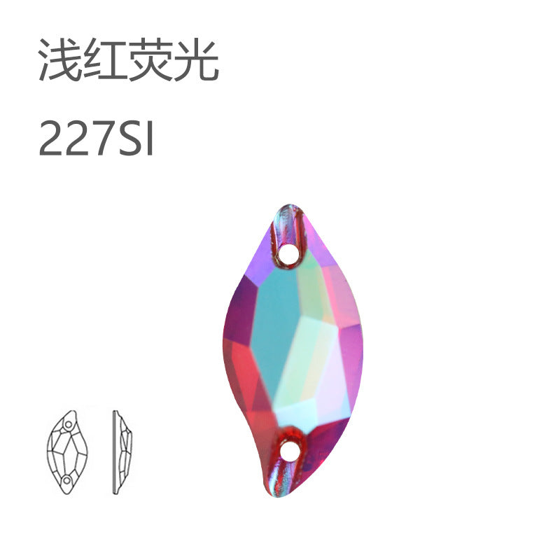 Cross-border hot-selling, double-hole leaf willow leaf flat buckle imitation Austrian flat bottom hand-sewn drill electric light neon crystal clothing accessories