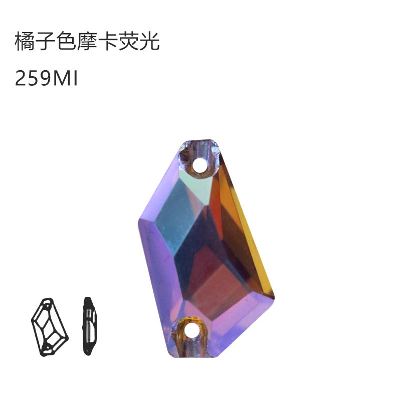 Factory direct sales, crooked diamond mocha fluorescent flat buckle flat bottom double hole chamfered glass drill, high-end clothing accessories