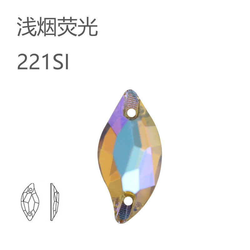 Cross-border hot-selling, double-hole leaf willow leaf flat buckle imitation Austrian flat bottom hand-sewn drill electric light neon crystal clothing accessories