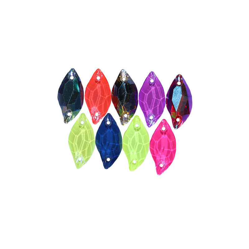 Cross-border hot-selling, double-hole leaf willow leaf flat buckle imitation Austrian flat bottom hand-sewn drill electric light neon crystal clothing accessories