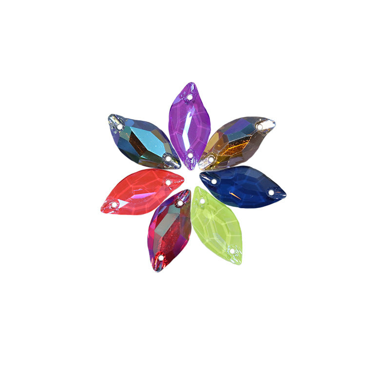 Cross-border hot-selling, double-hole leaf willow leaf flat buckle imitation Austrian flat bottom hand-sewn drill electric light neon crystal clothing accessories